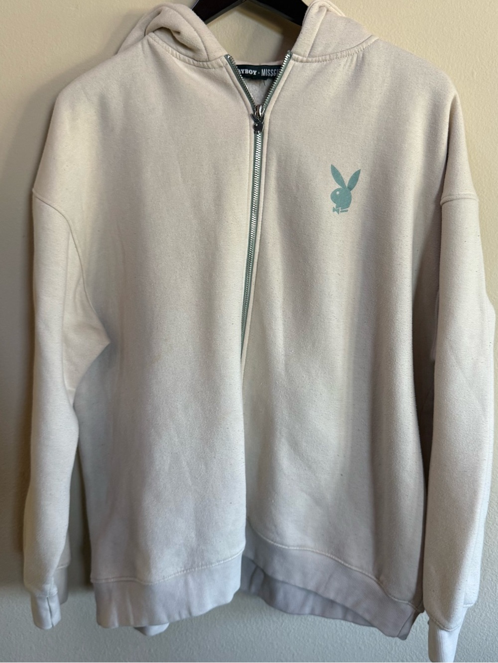 PLAYBOY Cream Zip-Up Hoodie with Mint Bunny Logo